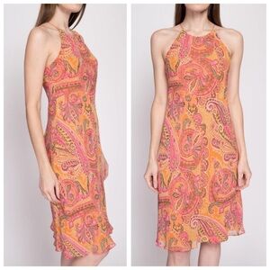 VTG Ann Taylor Silk Pink & Orange Paisley Print Slip Dress, Midi Length sz. 8P